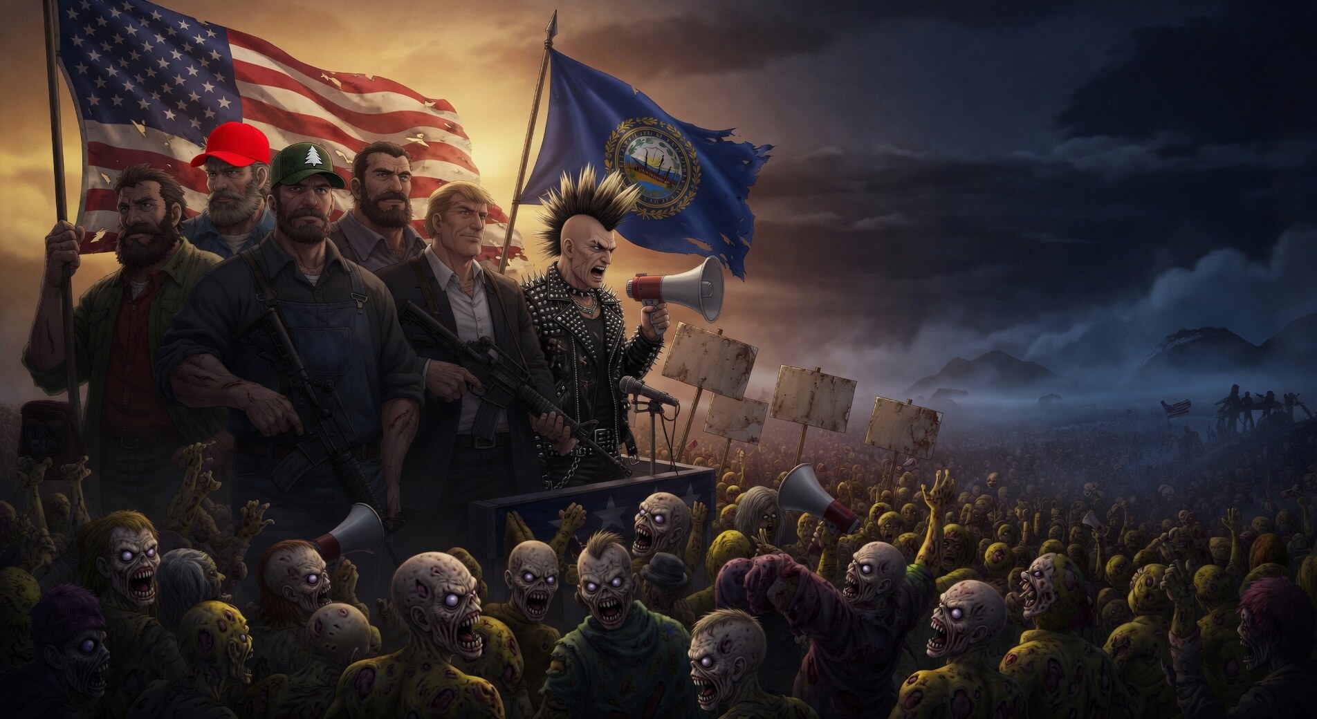 A defiant lineup of armed New Hampshire libertarians on a stage, with American and New Hampshire flags overhead and a mohawked figure rallying with a megaphone, facing down a horde of progressive zombies.